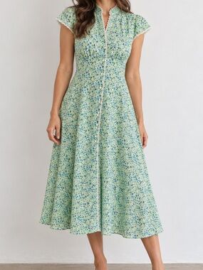 Vintage 80s Danny & Nicole Green Blue Floral Button Front Midi Tea Dress 6P